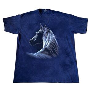 Vintage Equestrian Horse Graphic T-Shirt Navy Blue Tie Dye Short Sleeve XL
